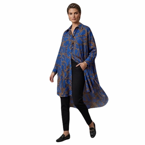 Ups & Downs Other - SOLD ❤️Ups & Downs Woman’s Blue & Gold Chain Patterned High Low Ruana Kimono